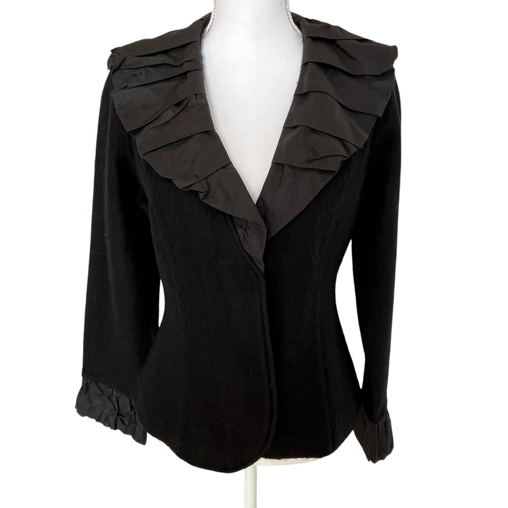 Soft Surroundings Jacket Cardigan Size Small Black Wool Blend Taffeta Ruffles